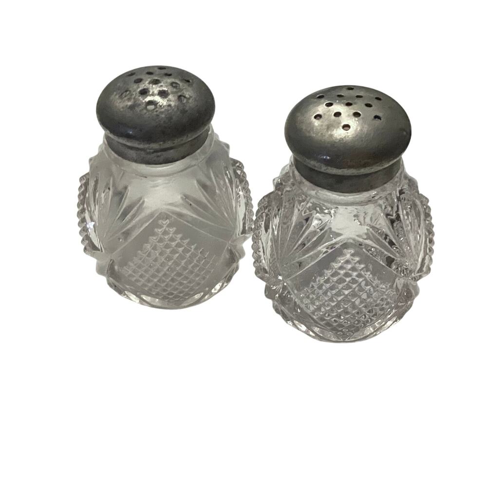 Antique McKee Teutonic Glass Salt & Pepper Shakers Set - Thick Zinc Lids 1890s